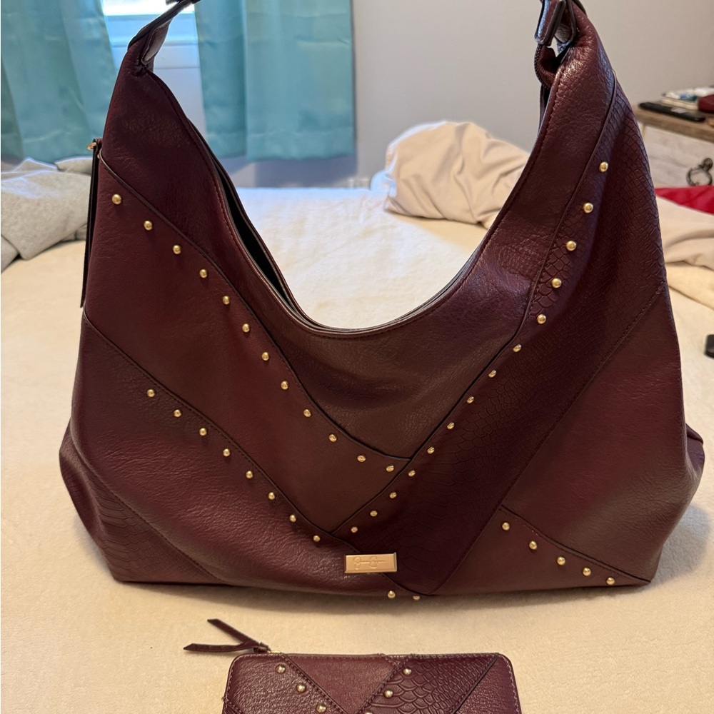 Jessica Simpson wine Studded Hobo Shoulder Bag with matching wallet